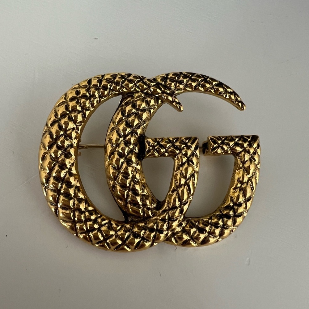 GG Monogram Logo Gold Textured Brooch